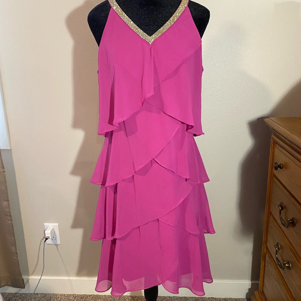 S.L. Fashions Fuchsia Layered Midi Dress with Gold Trim